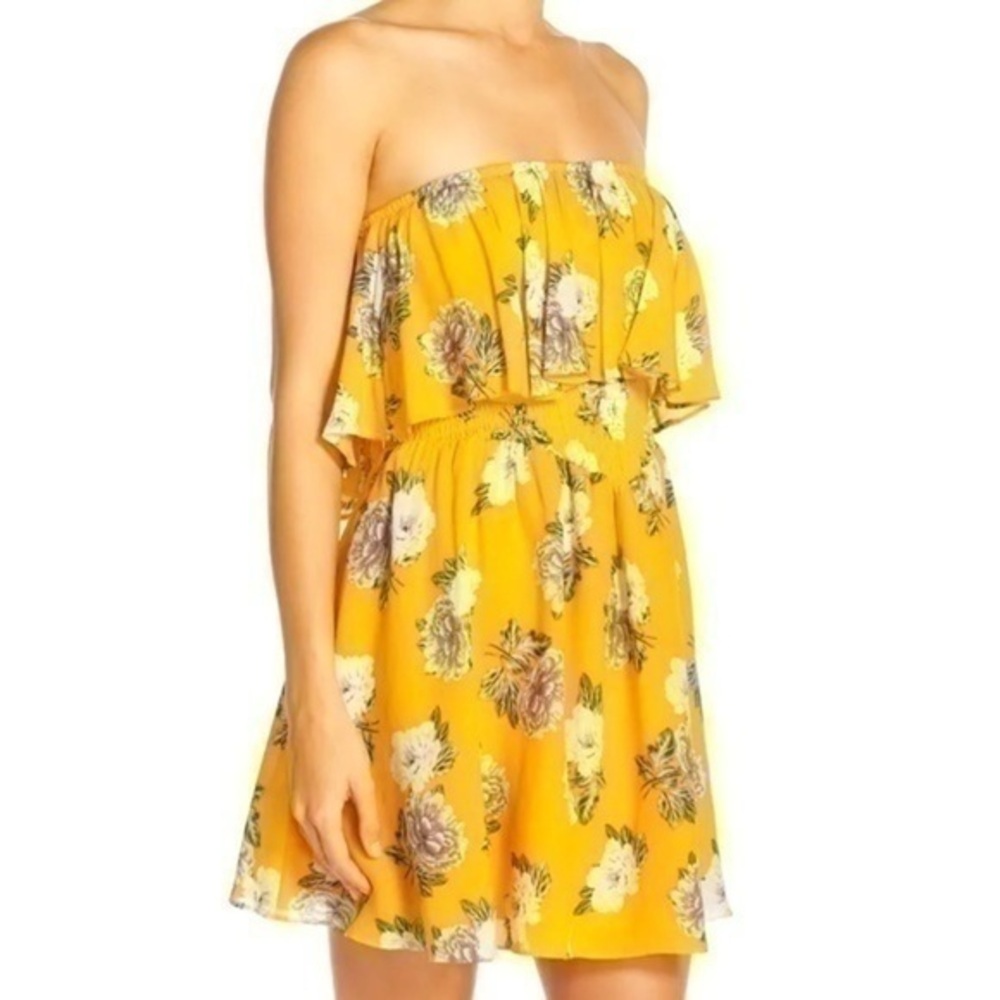 MinkPink Size M Yellow Floral Strapless Smocked Top Mini Dress Cover Up